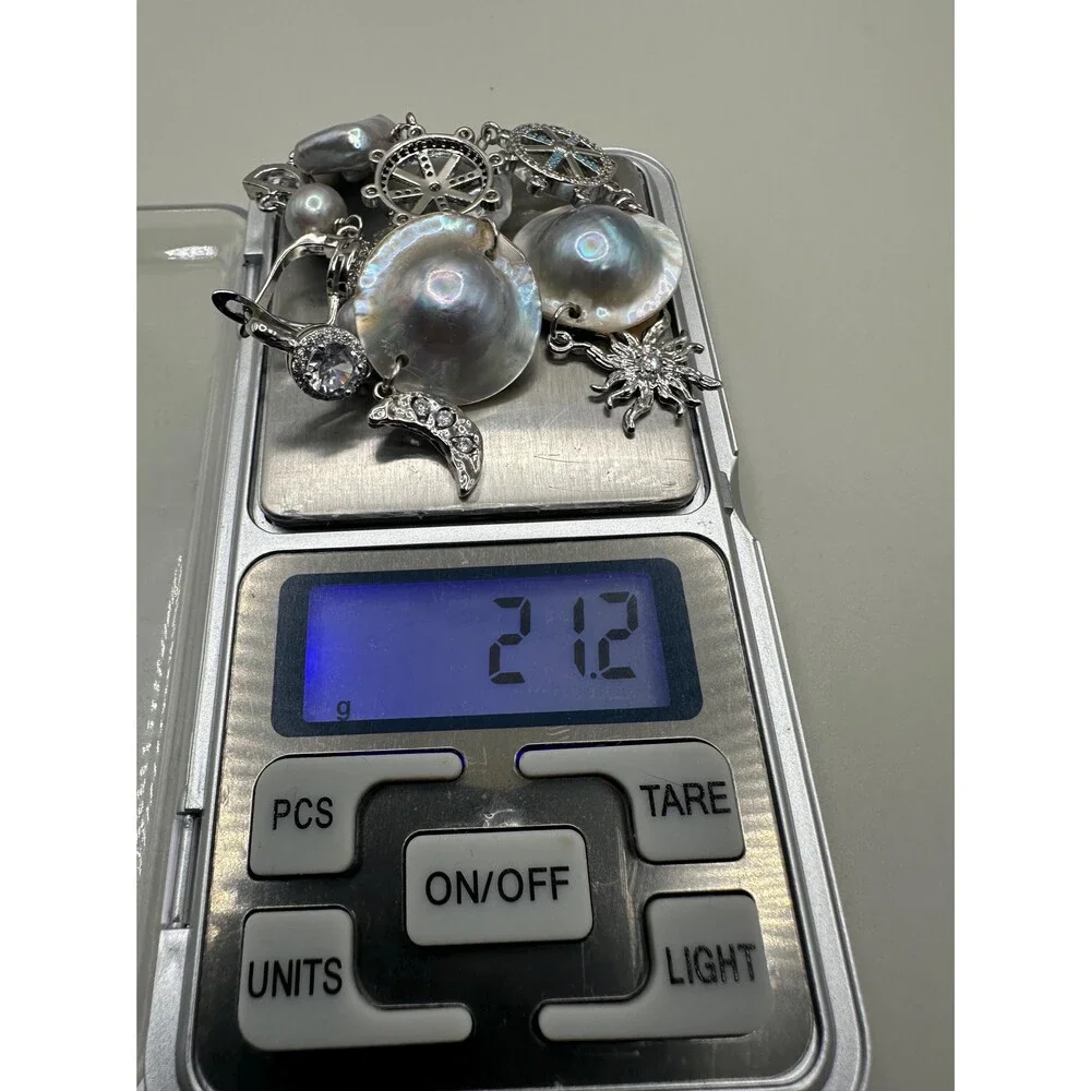 Extra Long Mabe Pearl Statement Earrings, Sea Gray Square & Round Pearls, Crysta